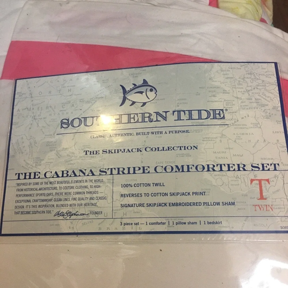 Southern Tide Cabana Stripe Twin Comforter 3 Pc.Set Lite Coral Mint Green Yellow